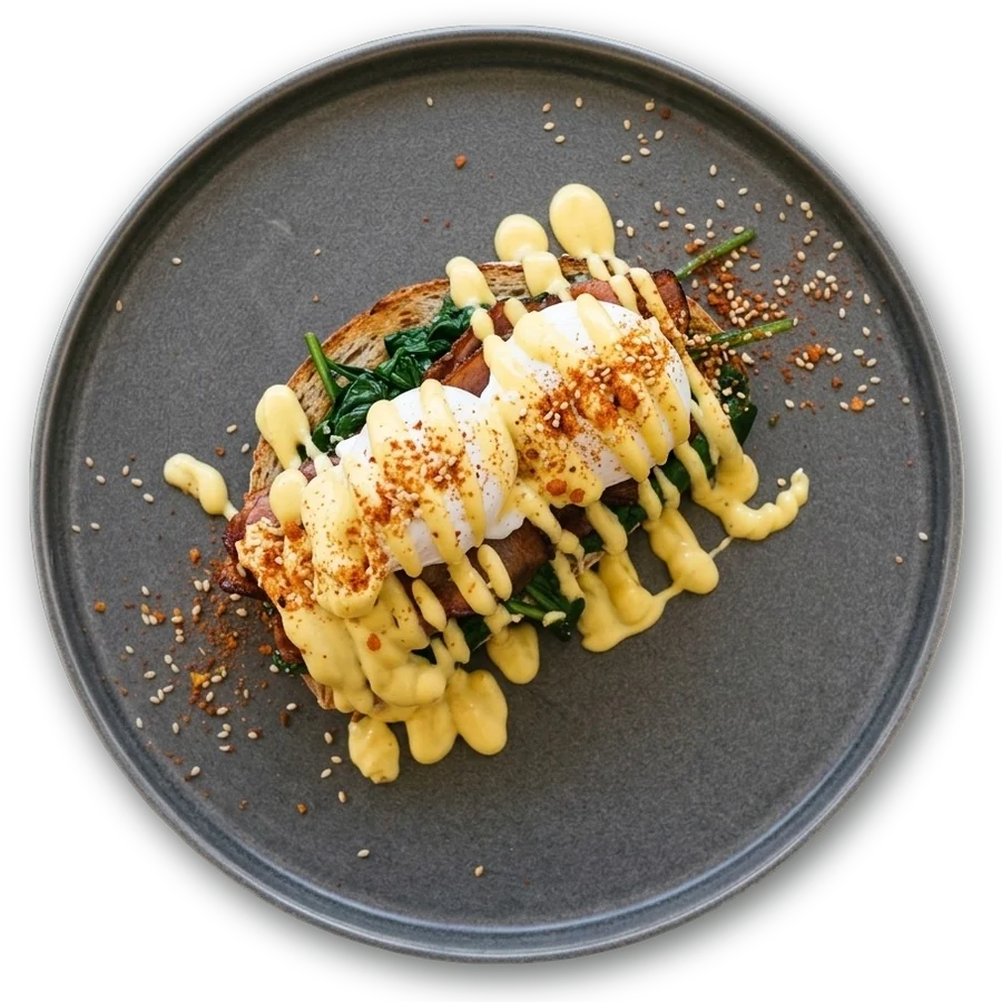Benedict with bacon, spinach and hollandaise, from above