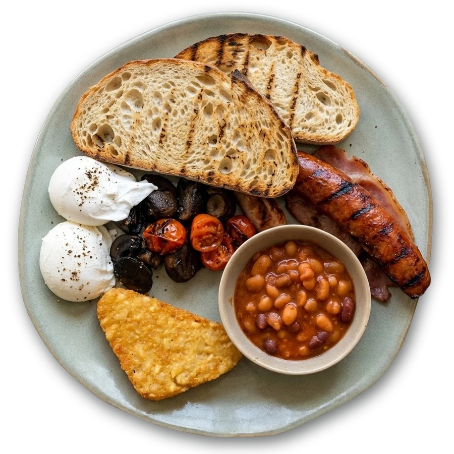 The OAR big breakie with eggs, chorizo, bacon, hash brown and beans, from above