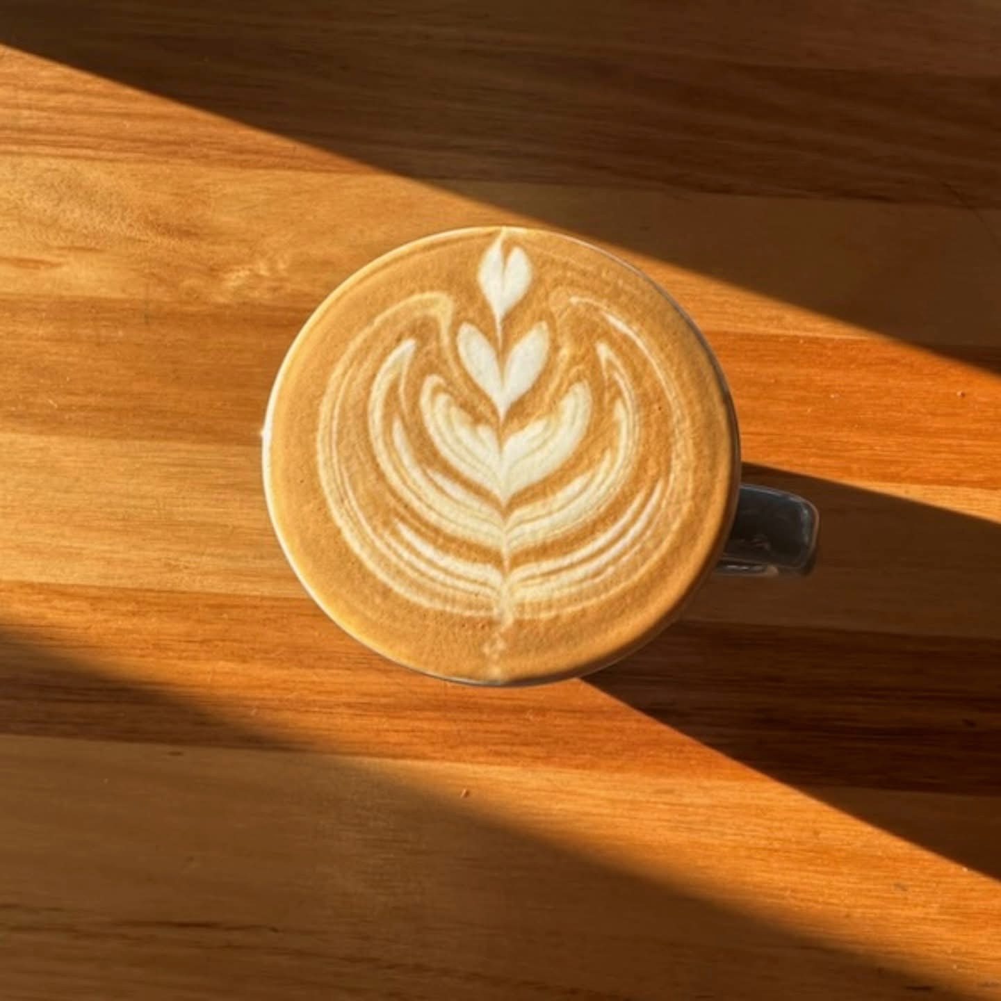 A latte with rosetta art on a timber table at Oar in the morning sun