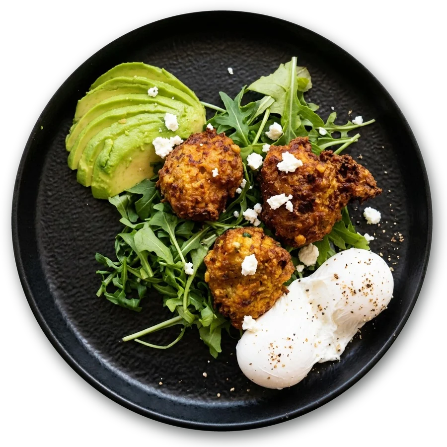 Zucchini and corn fritters with rocket, avocado, feta and poached eggs, from above