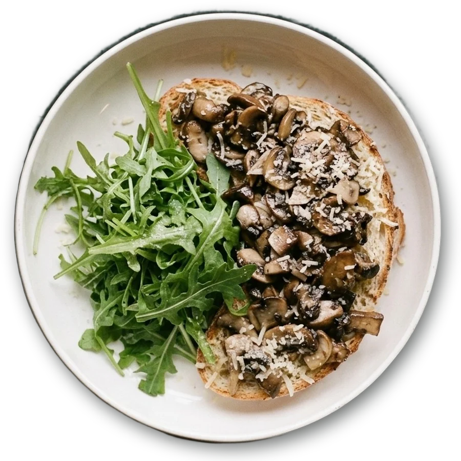 Mushrooms on toast with rocket and parmesan, from above